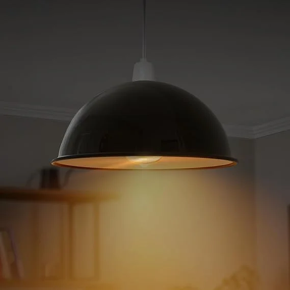 40cm black modern dome lampshade with metallic finish, fitted on pendant, reflecting light, minimalist style