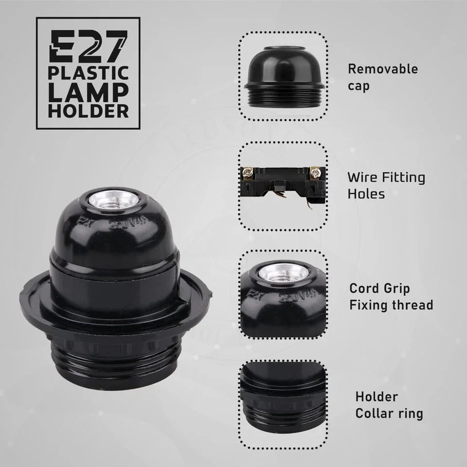 Black Bakelite vintage pendant lamp holder with cord grip and E27 socket, metal ring and mounting loop shown.