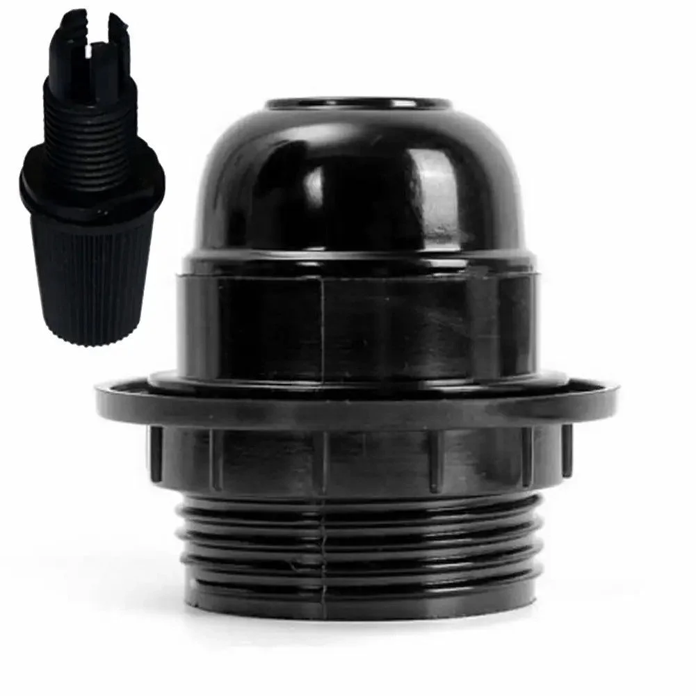 Black Bakelite E27 lamp holder with cord grip, showing integrated cord grip and classic vintage style.