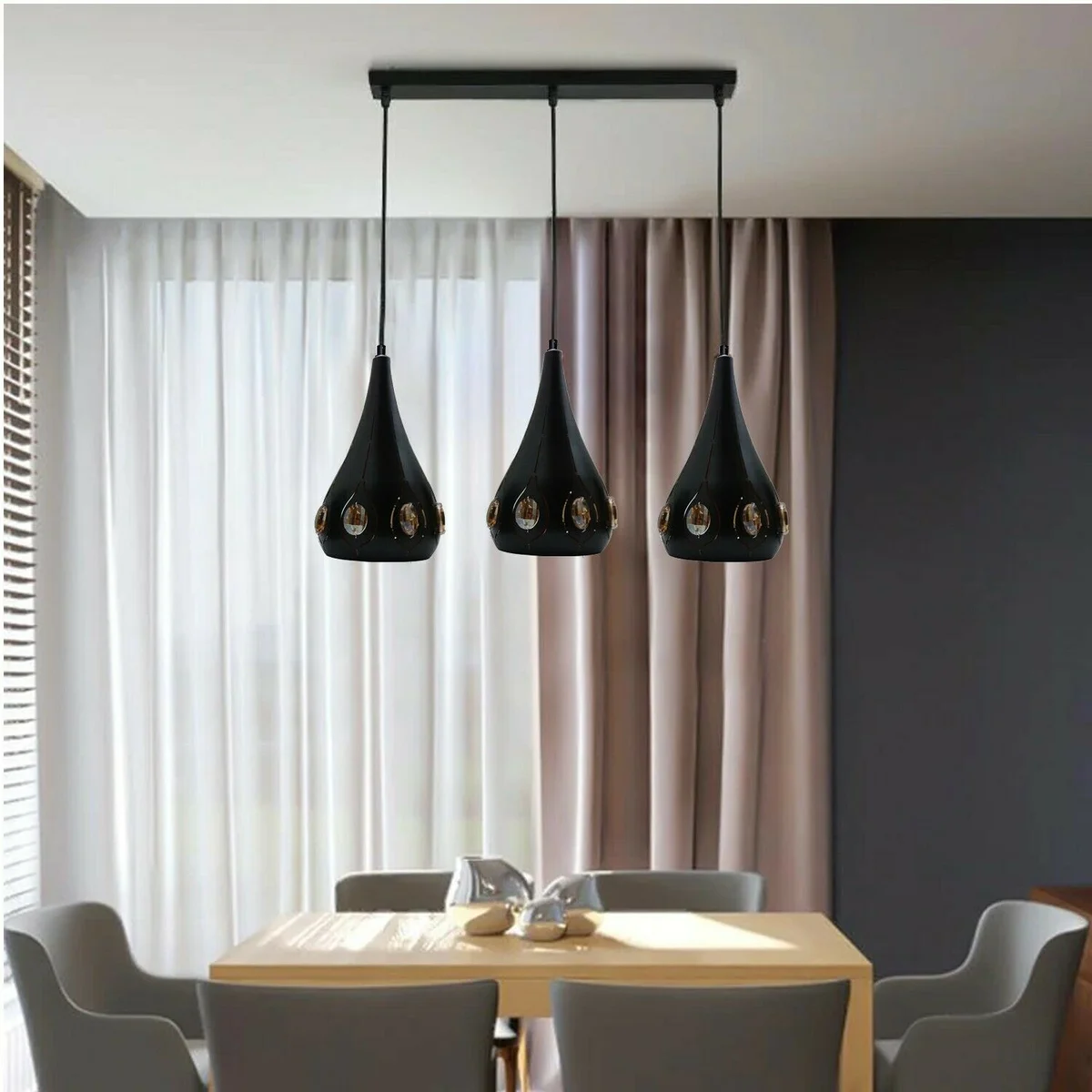 Modern ceiling light: three black pendant lights with crystal wire shades suspended from a metal base, 95cm cable.