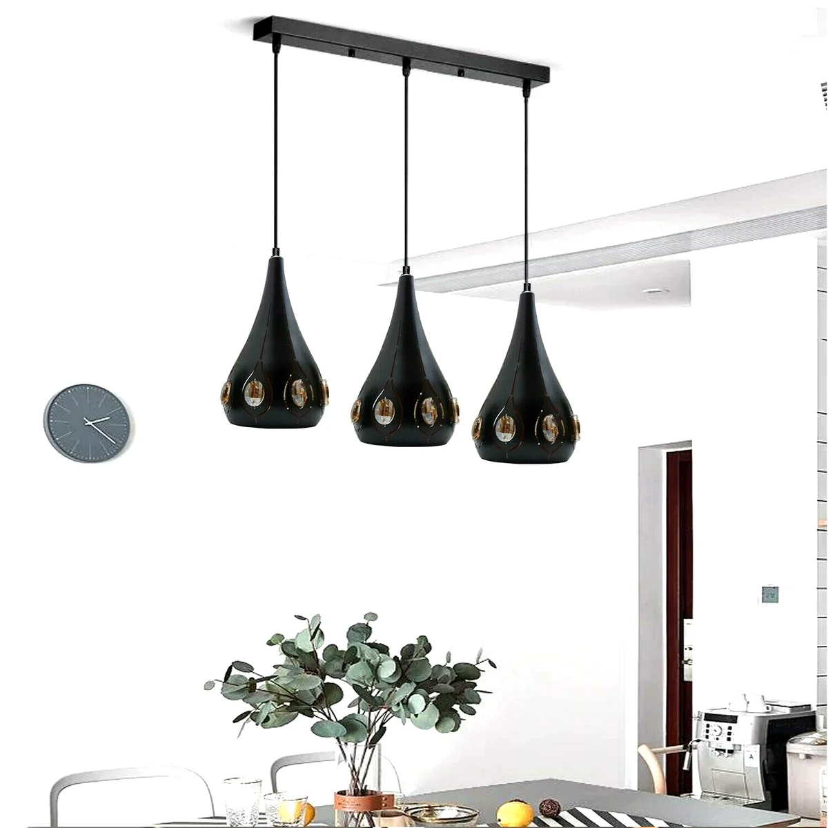 Black industrial pendant light with 3 crystal wire shades, metal frame, hanging from ceiling, 95cm cable