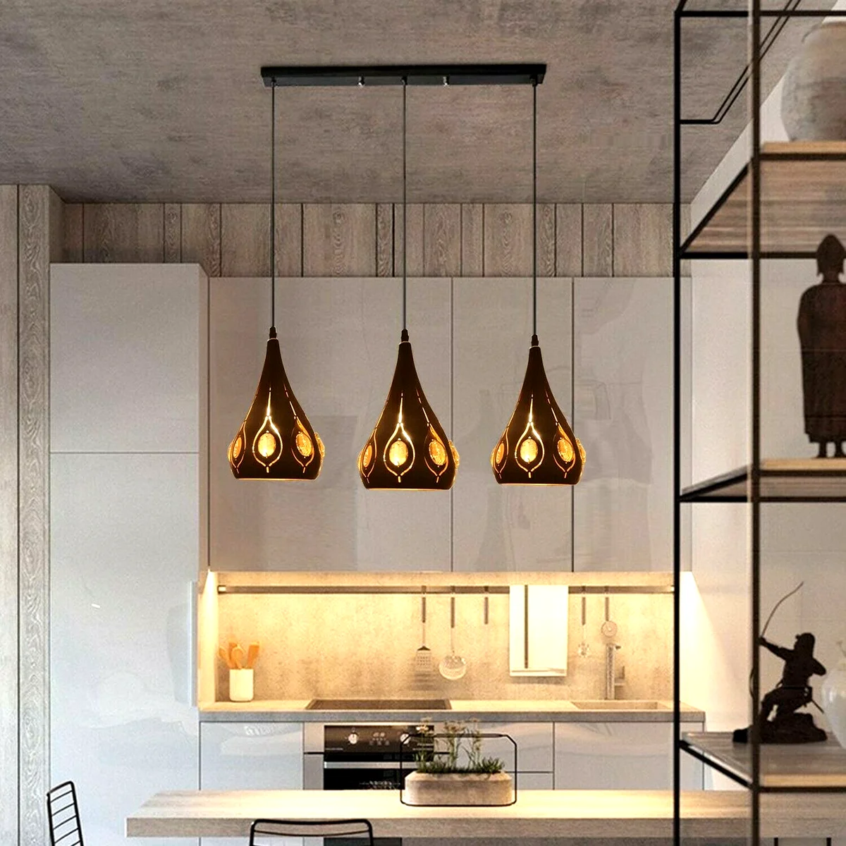 Three‑head black crystal ceiling light with metal frame and crystal wire, hanging from ceiling.