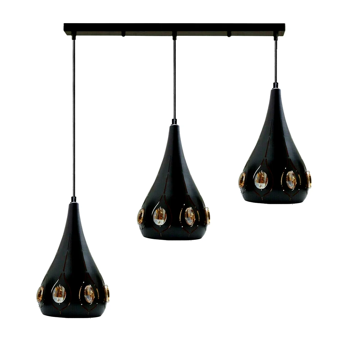 Three‑head black metal and crystal pendant lights with E27 pendant lighting bases, hanging on 95 cm PVC cable