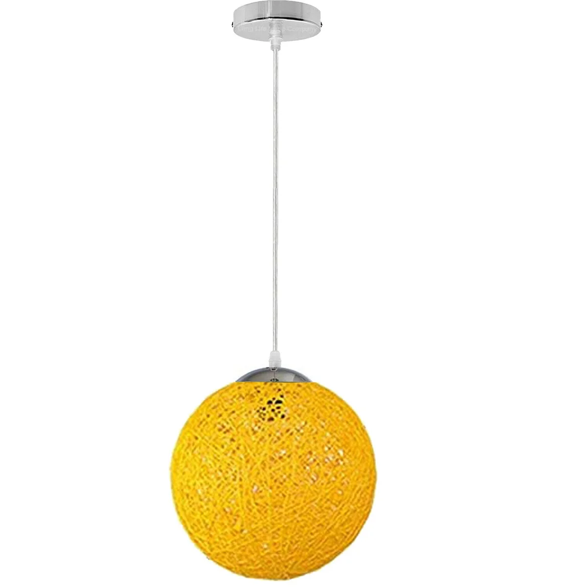Yellow rattan ceiling light featuring a 20 cm globe-shaped wicker pendant shade with 95 cm hanging wire