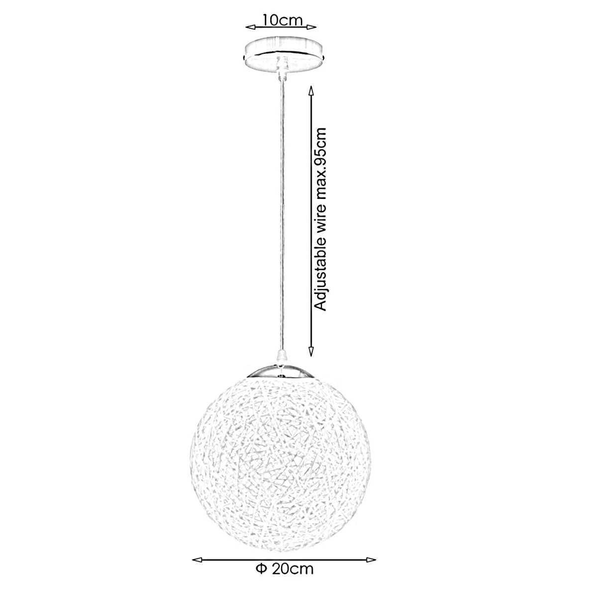 Yellow rattan pendant lamp with globe shape, 20cm diameter, iron base, luminous E27 socket, 95cm wire for ceiling installation