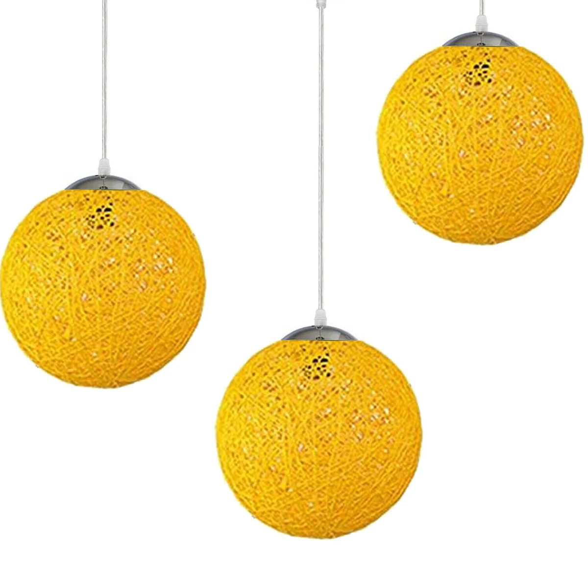 Yellow rattan globe ceiling pendant as an E27 socket ceiling light, hanging from a 95cm wire.