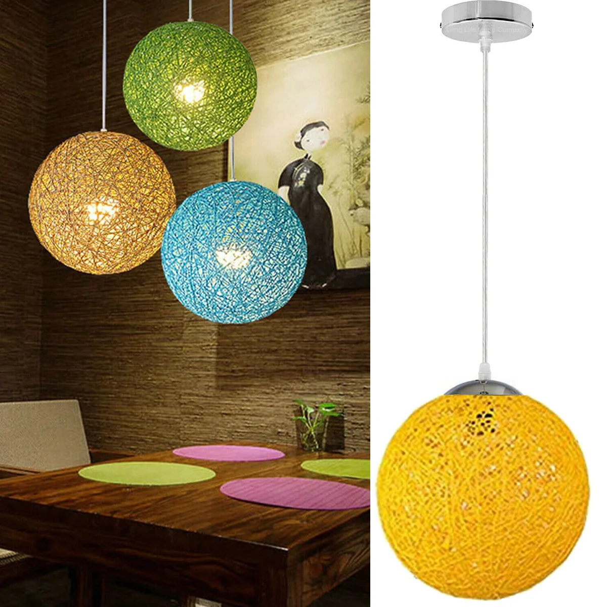 Yellow rattan pendant lamp, 20 cm diameter, iron base, 95 cm wire, warm LED light – perfect for dining, lounge or café décor.