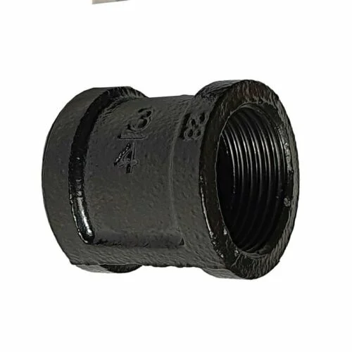 3/4 inch black cast iron pipe fitting with threaded flanges and four screw holes, fitting for DIY steam punk projects.