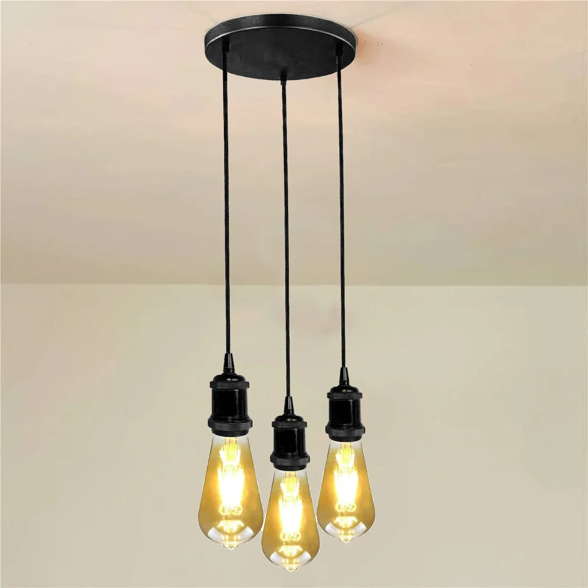 3 head pendant light with black twisted cable, 3 metal heads, E27 sockets, 90cm length.
