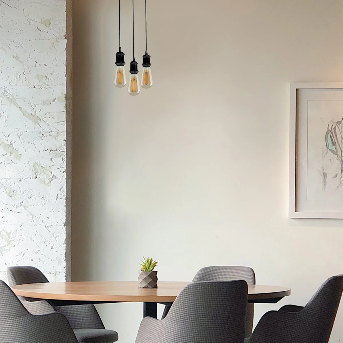 Three-light pendant E27 bulb holder with braided fabric, black round twisted 3‑core wire, 90cm length