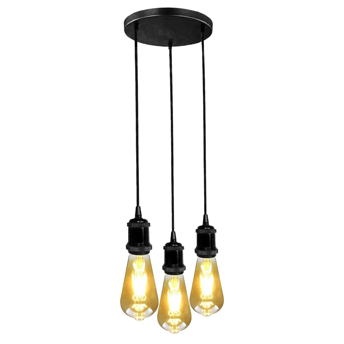 Three light pendant lamp with black braided wire, 3‑core, metal sleeve and a round metal ceiling rose