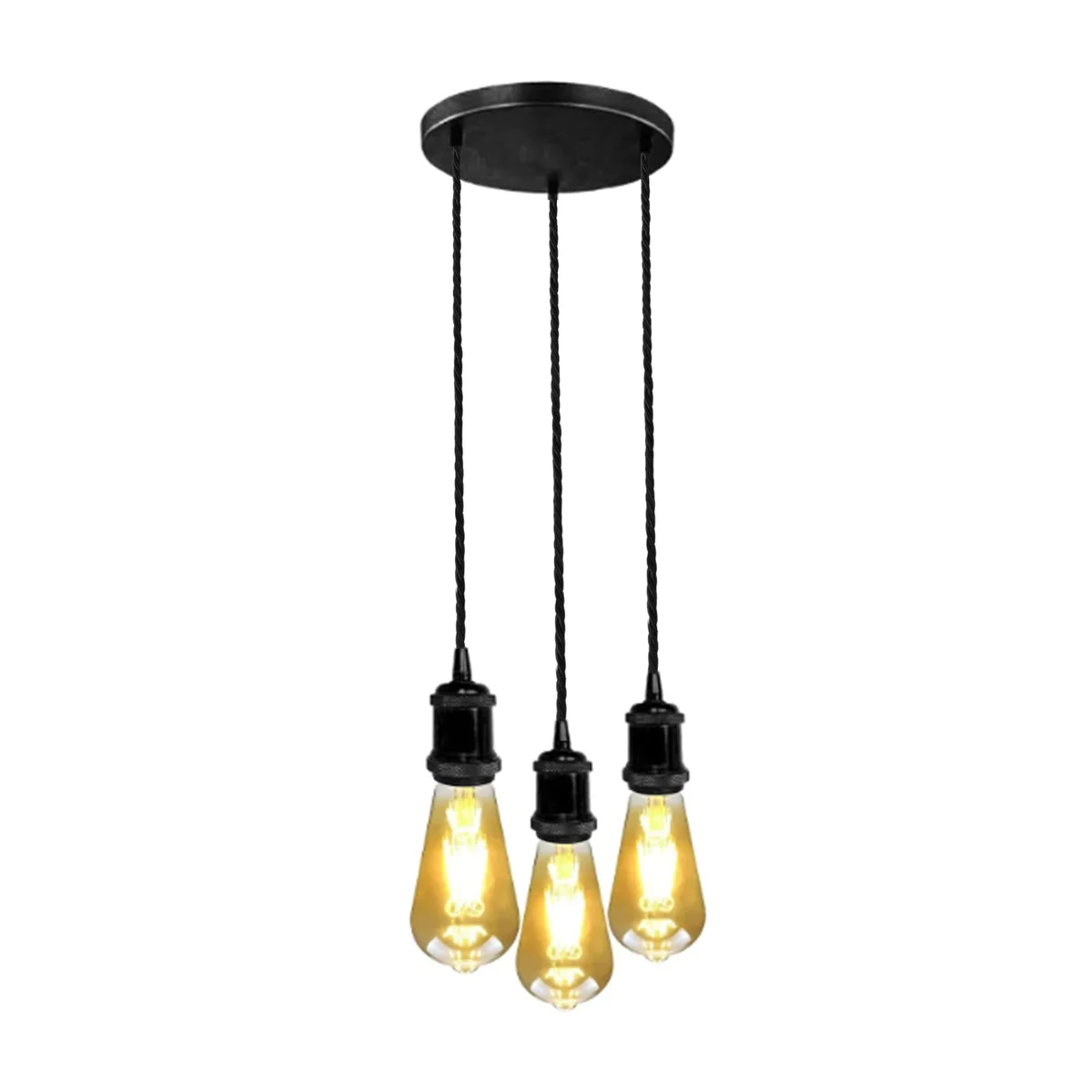 Three pendant lamp holders with black twisted cable and 20cm ceiling rose.