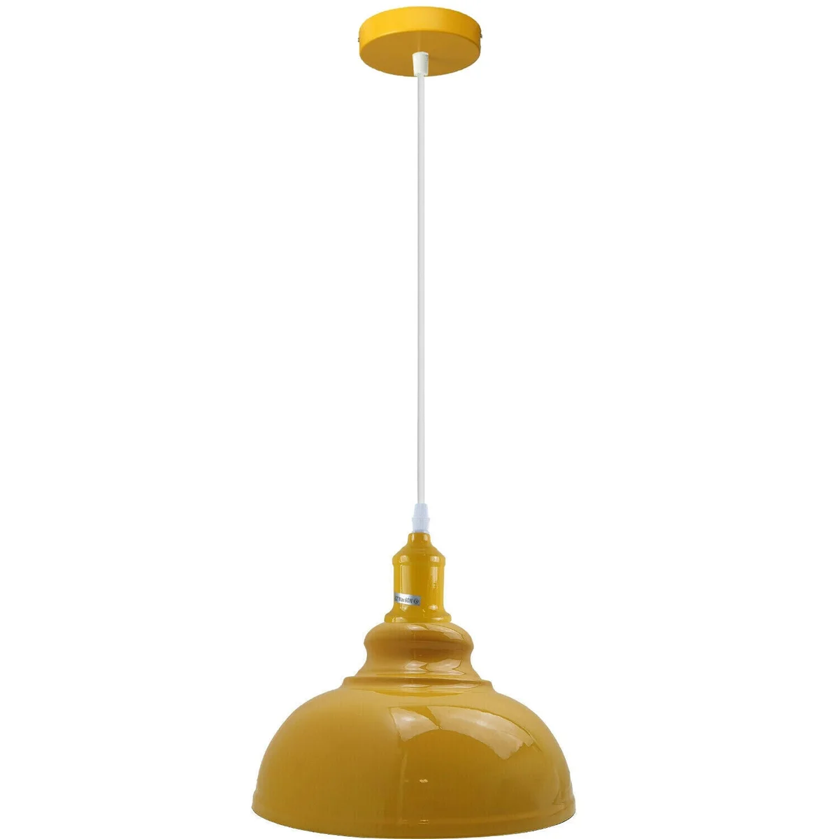 Yellow pendant light: curved metal dome shade hanging from ceiling, suitable for dining room or living area.