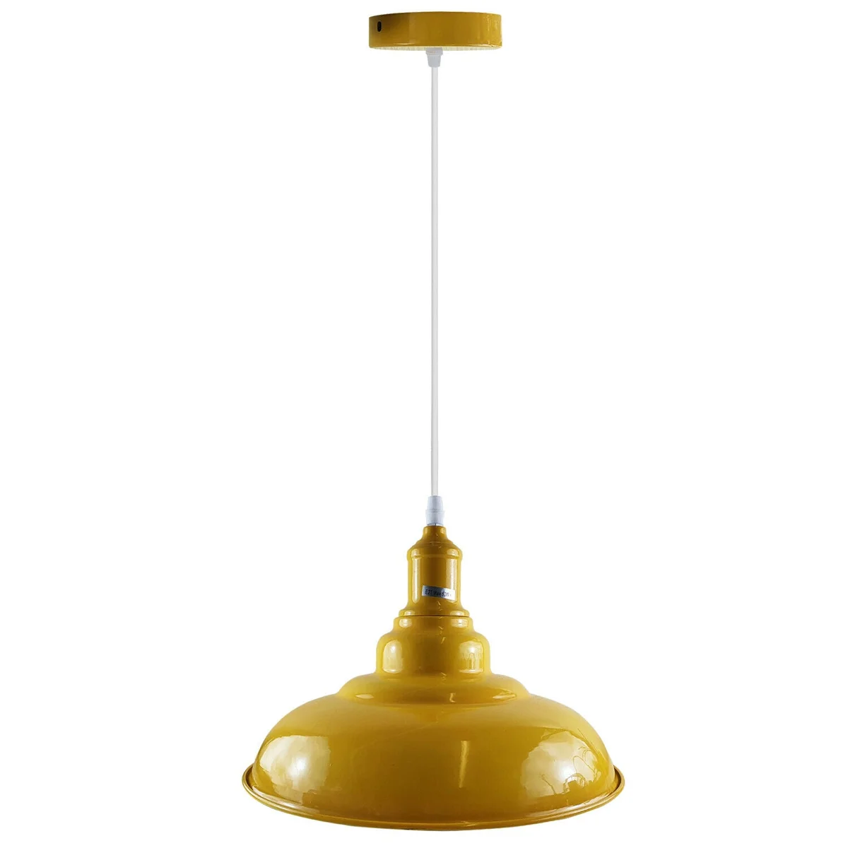 Yellow pendant light with metal shade hanging from ceiling, modern design for living rooms and restaurants
