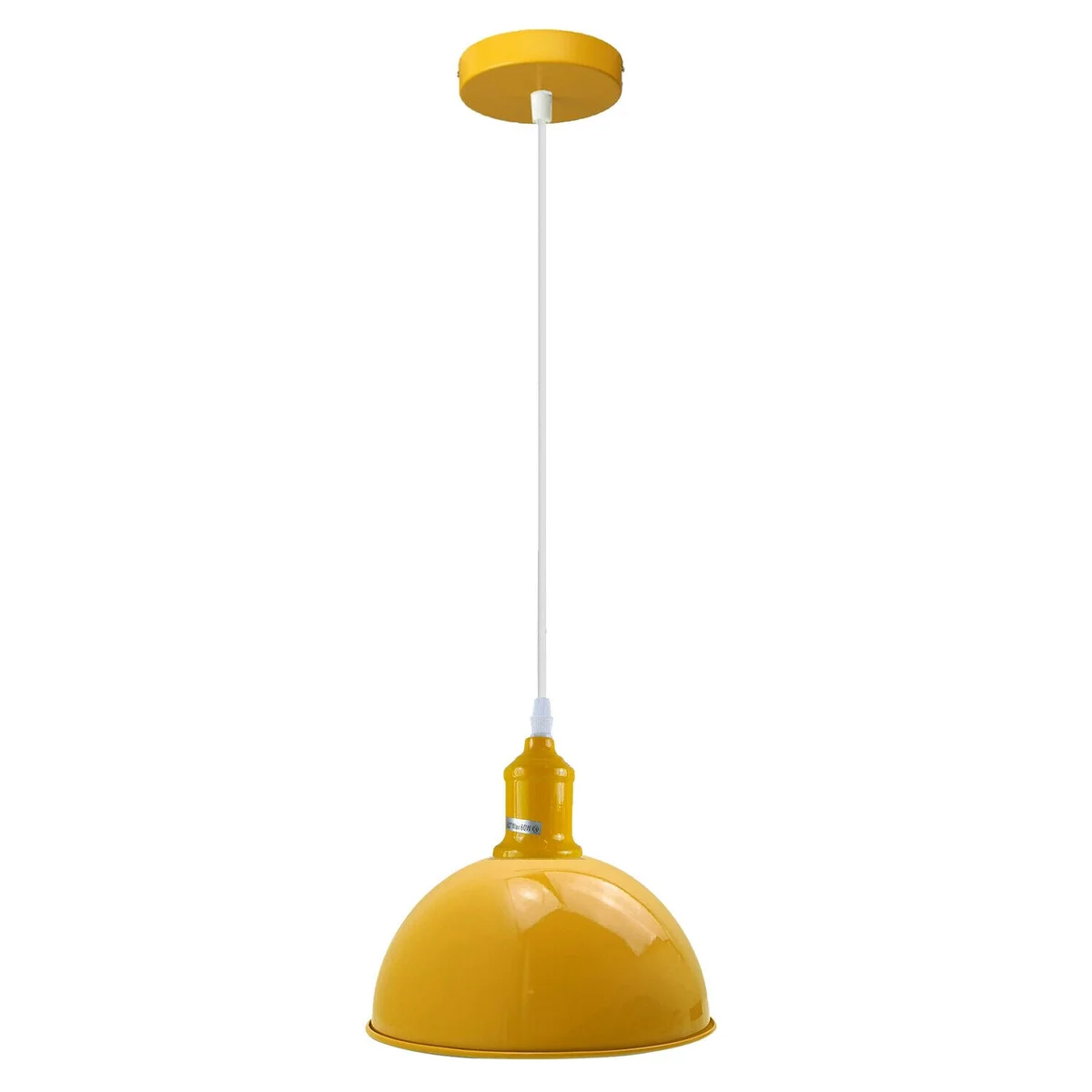 Yellow metal dome pendant light with exposed metal frame, hanging on a wire, featuring a plumbed E27 holder.