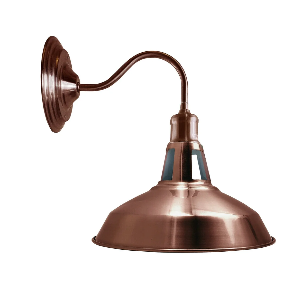 Rose gold metal wall lamp featuring a 30 cm barn slotted shade and a metal lamp holder.