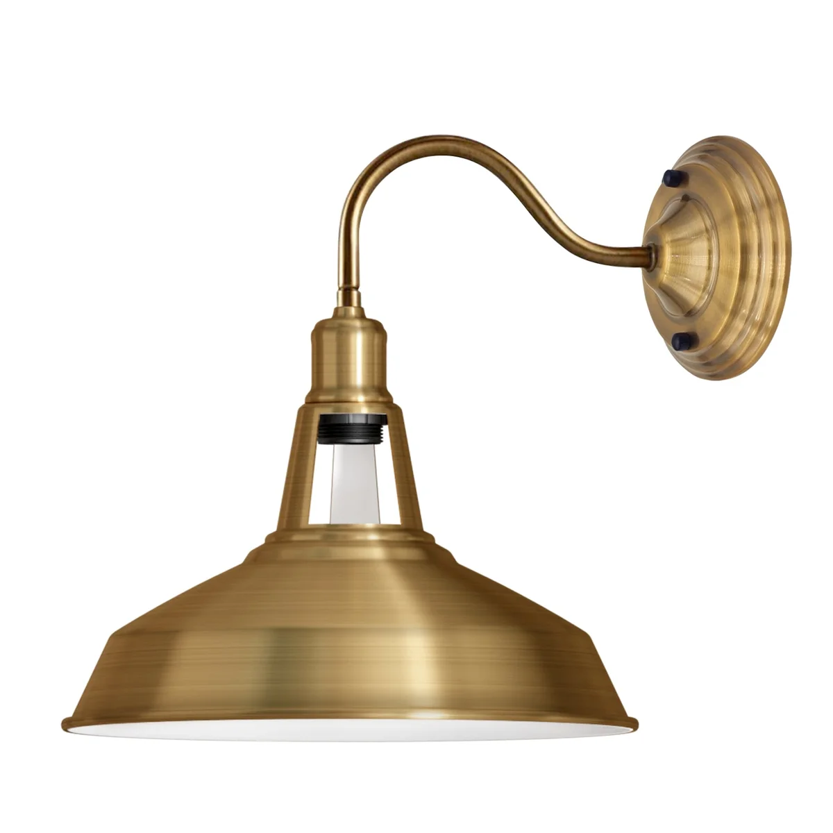 Yellow brass vintage industrial wall light with 30 cm round barn slotted metal shade mounted on wall
