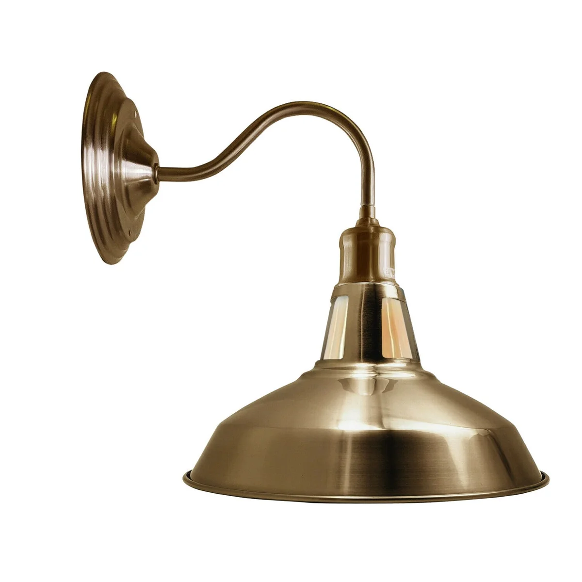yellow brass wall sconce with metal barn-shaped shade, mounted on wall, view from side