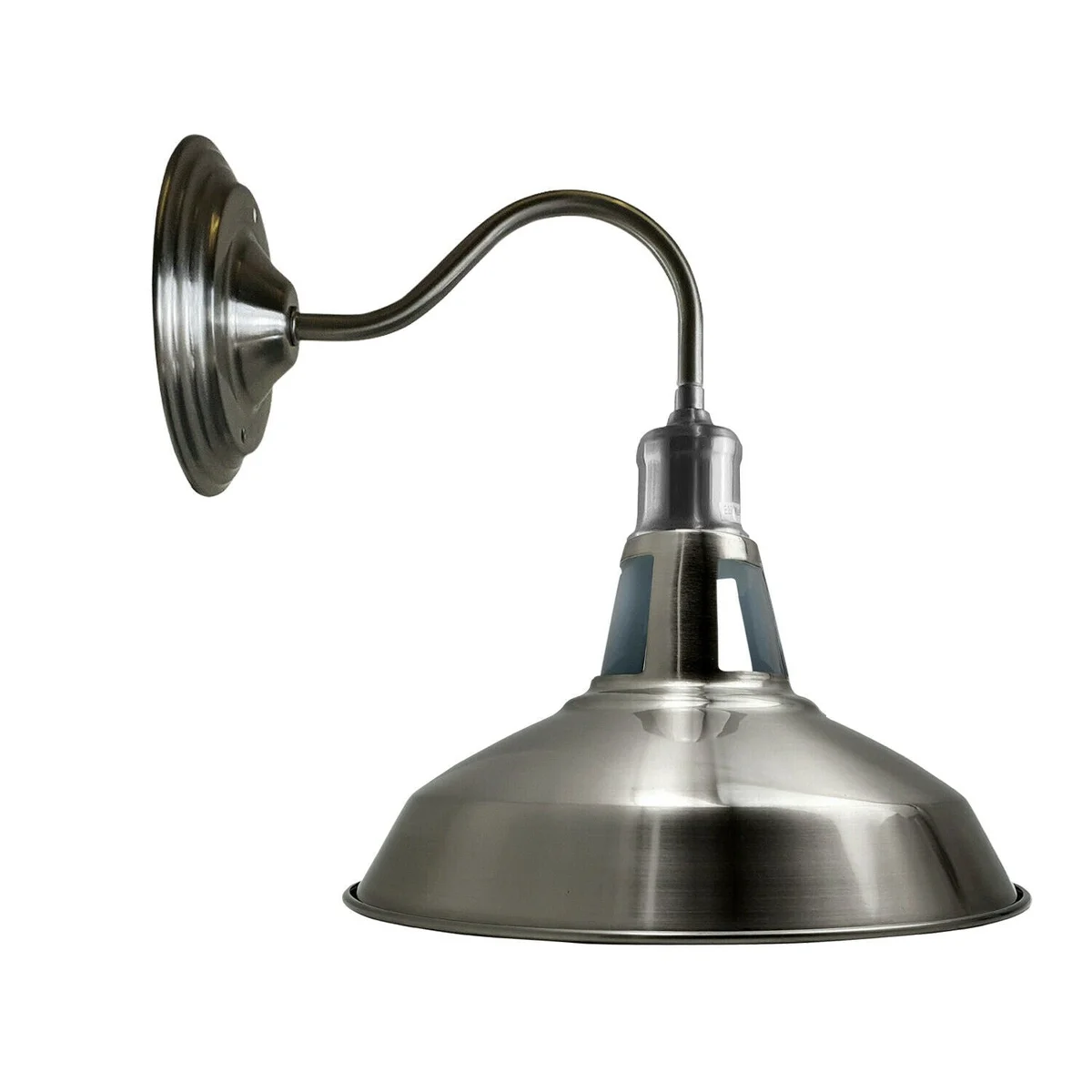 Vintage industrial wall light with polished metal shade, barn‑shaped design, black finish, mounted on wall.