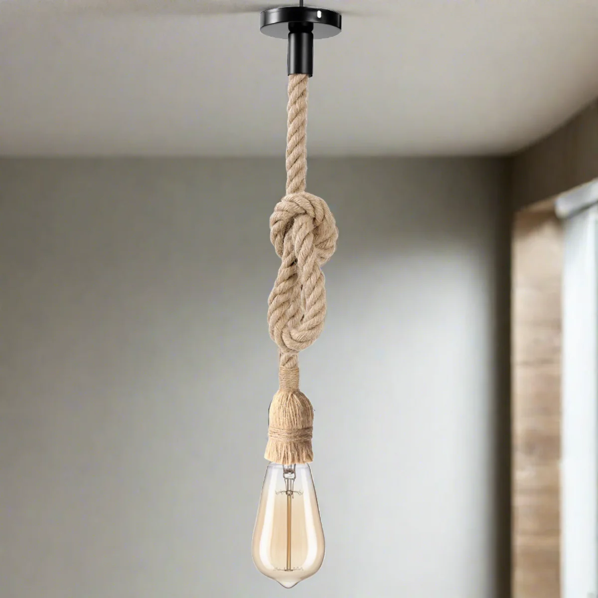 Heavenly 2m hemp rope pendant light hanging from ceiling, twisted cable in rustic style.