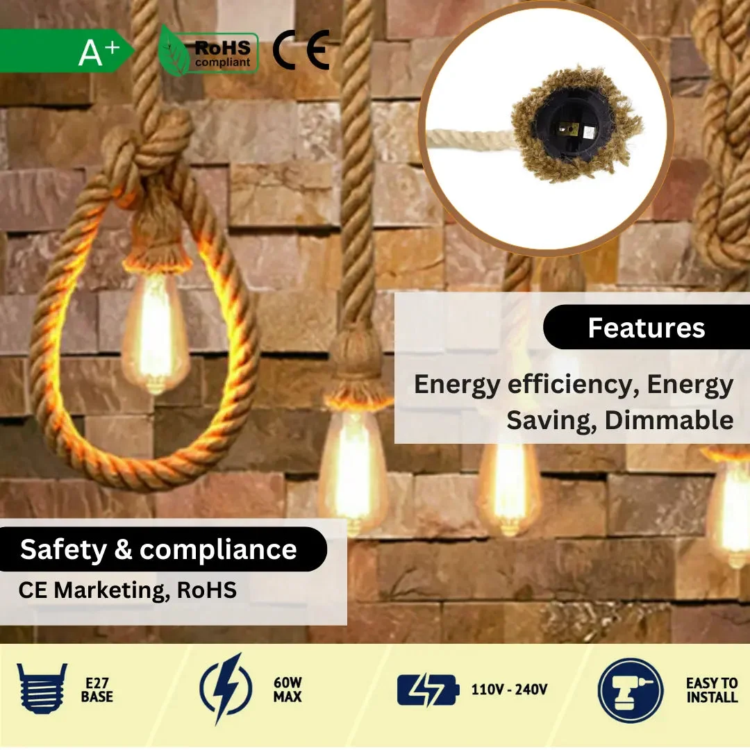 2m hemp rope pendant light with twisted rope cable, showing E27 socket, vintage style.