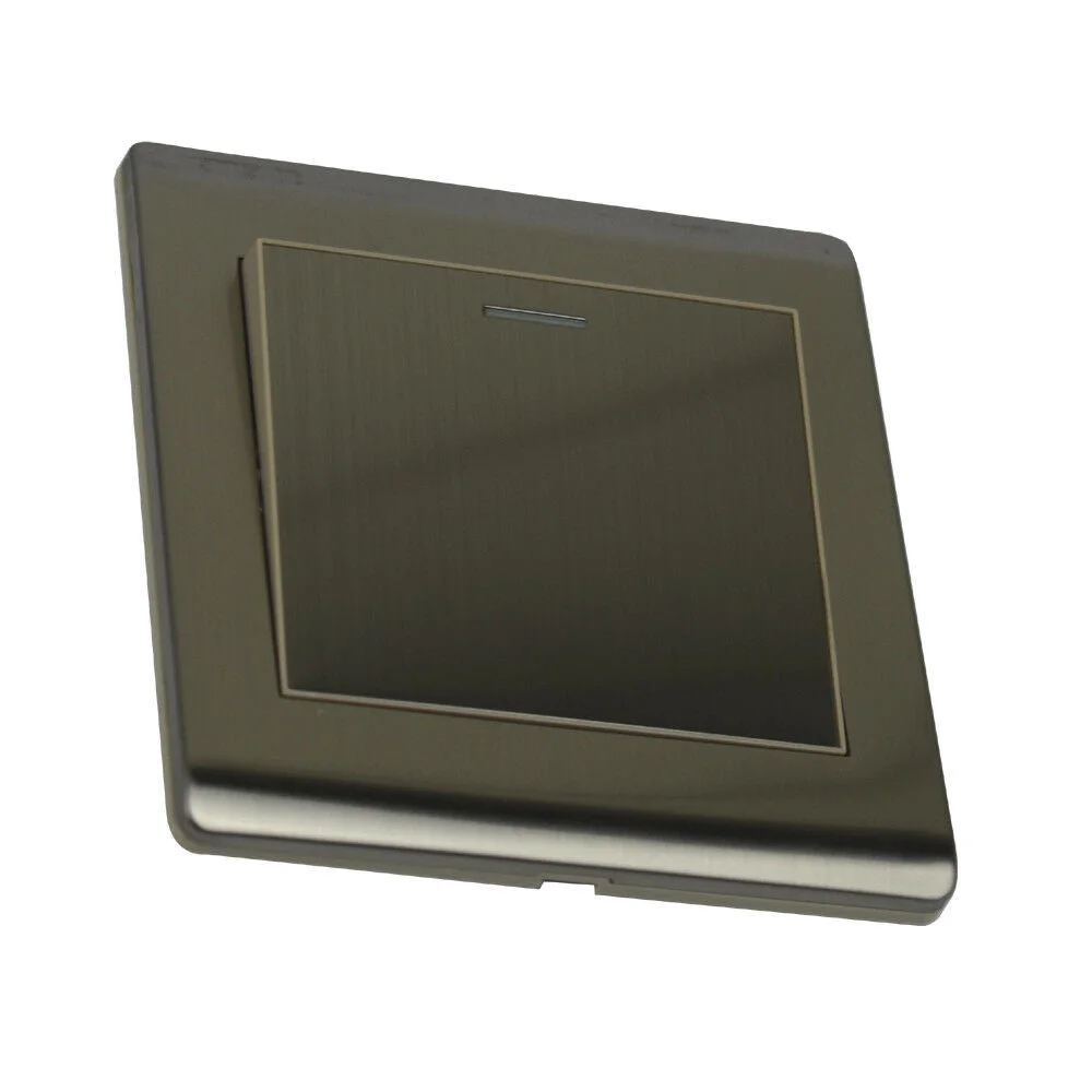 Screwless brushed gold light switch featuring three evenly spaced toggle switches.