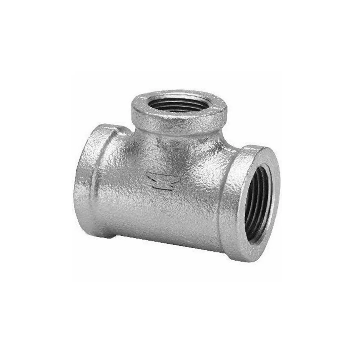 Galvanised pipe fittings – a 3/4 inch tee made of cast iron with frosted surface, threaded holes, ready for DIY projects