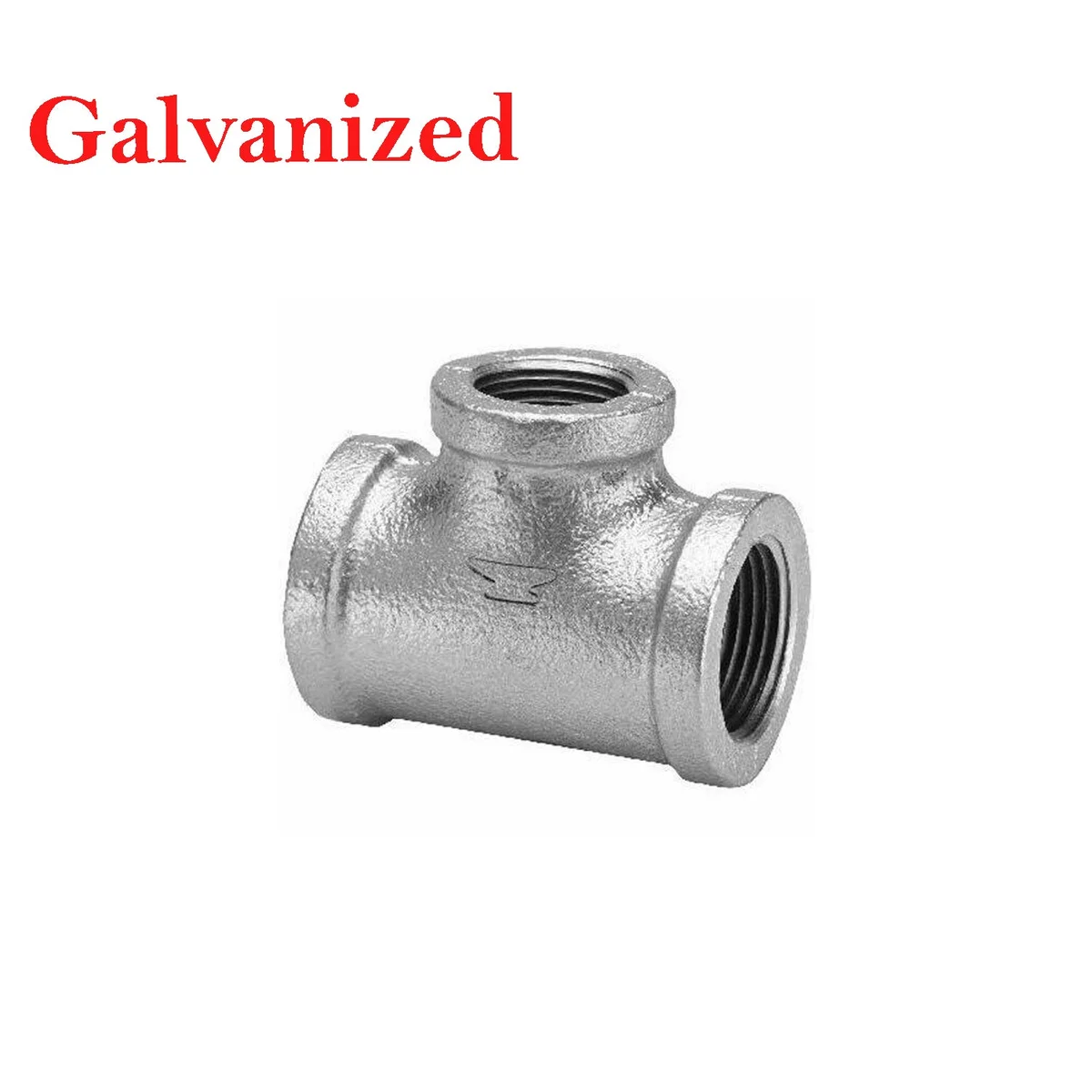 Galvanized cast iron pipe fittings: 3/4 inch tee with four threaded holes for DIY projects.