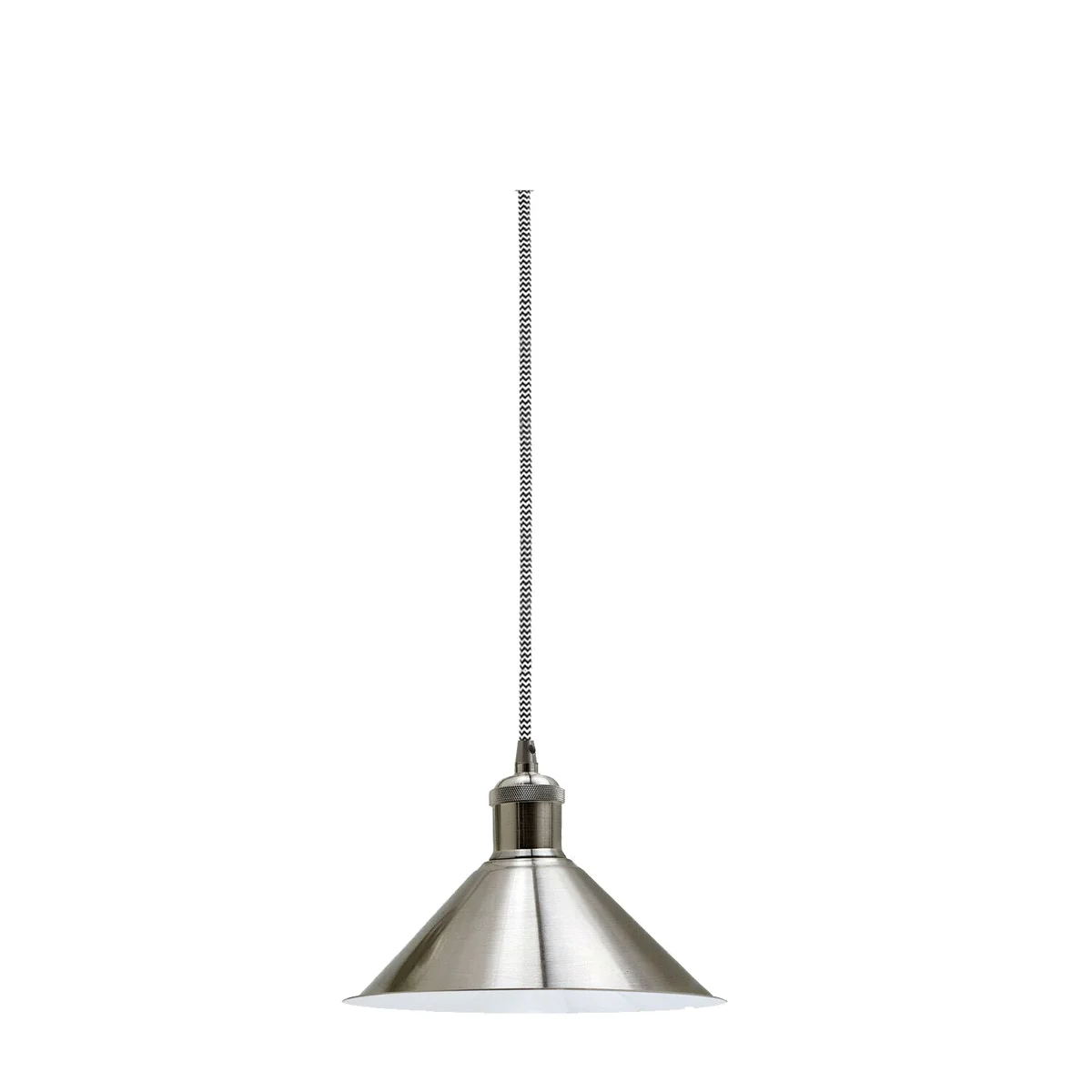 Sleek modern industrial pendant light with round iron shade in satin nickel, hanging by 95cm cable above a kitchen island
