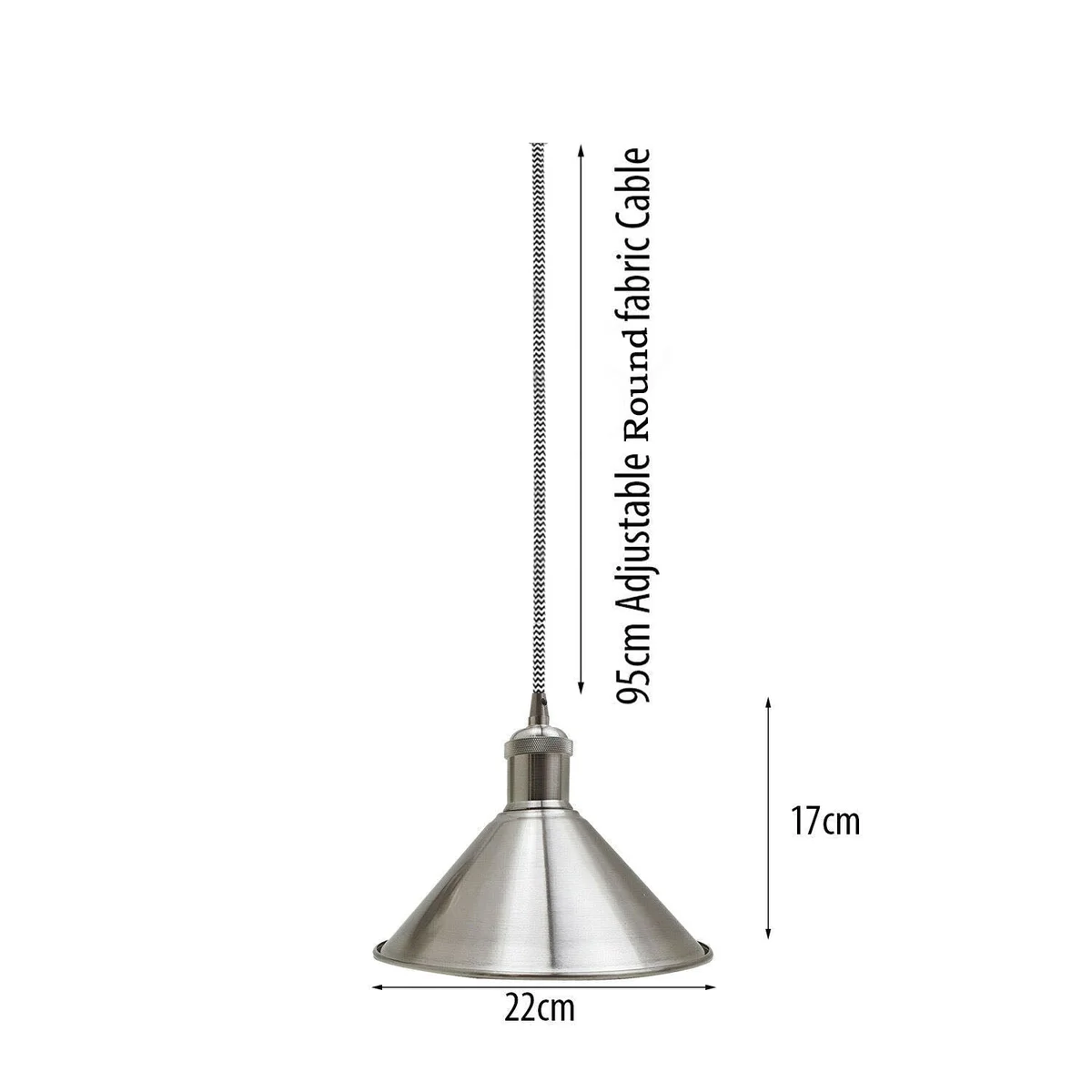Satin nickel pendant light with round metal shade, E27 holder, 95cm cable, vintage loft style lamp