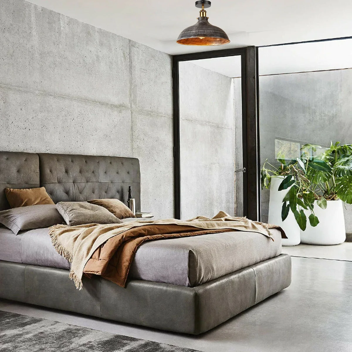 Brushed silver ceiling light, vintage semi‑flush metal pendant with matte shade and brass accents, black ceiling rose