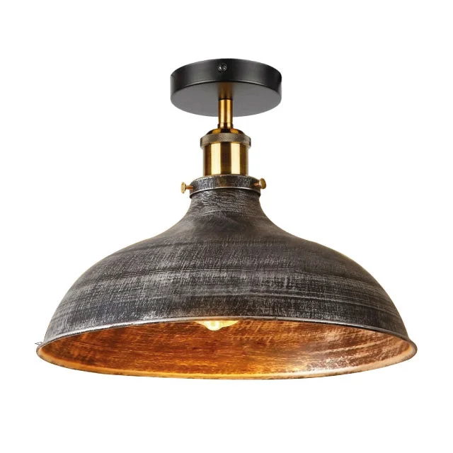 Vintage semi flush mount light with brushed silver metal shade, yellow brass holder, black ceiling rose, matte design.