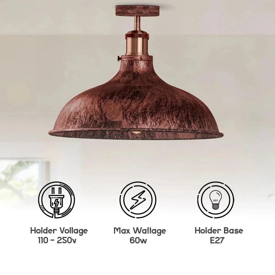 Brushed silver vintage indoor metal ceiling lamp with matte shade, brass accents, semi‑flush mount