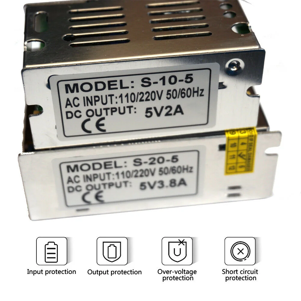5V LED driver power supply in compact metal case with aluminium base and front label showing '5V