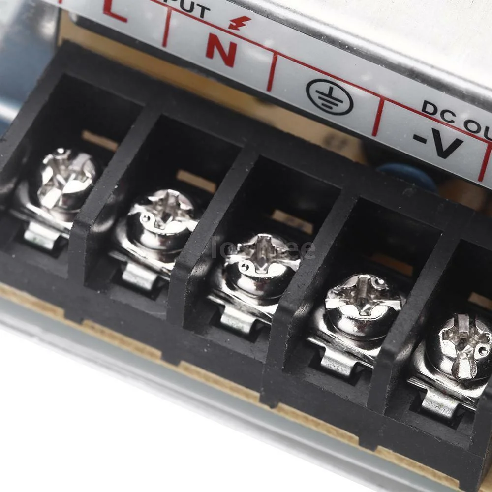 Small metal case LED driver, constant voltage transformer delivering 5V, clearly labeled for single LED strip.