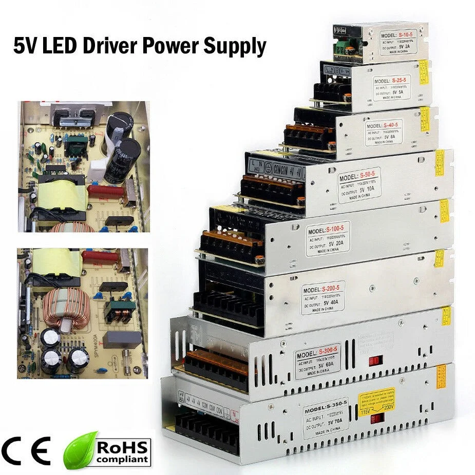 Compact metal case 5V LED driver power supply with aluminium base, output for a single LED strip.