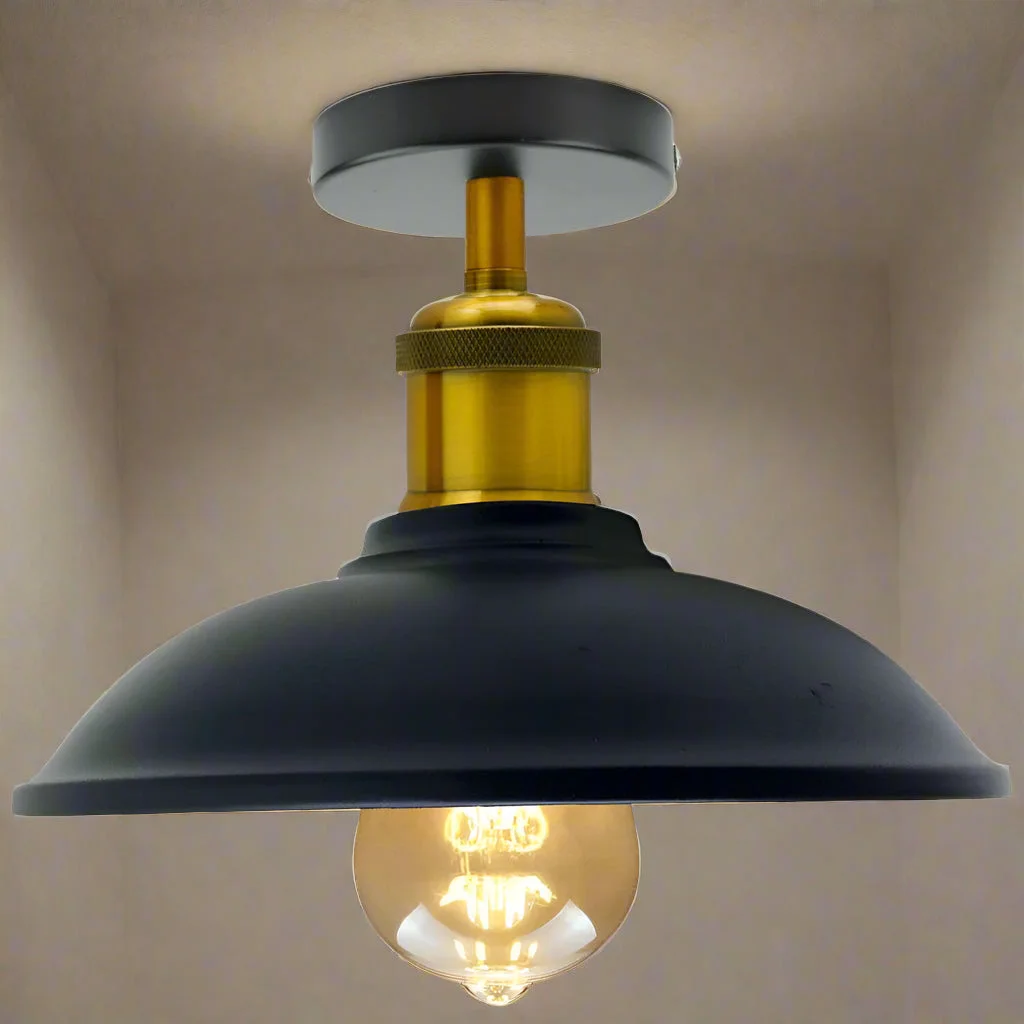 Vintage semi flush ceiling light with metal bowl shade, black finish, flush mount, suited for hallways and living rooms.