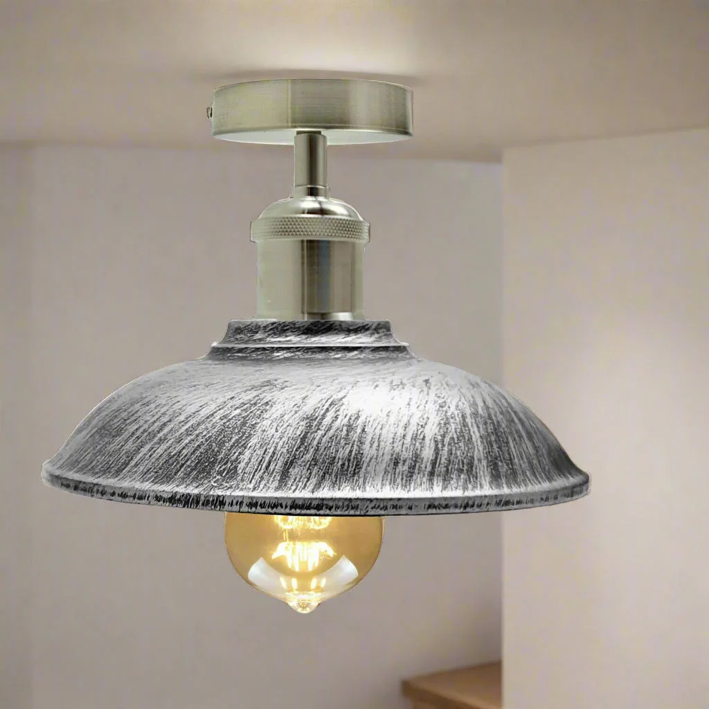 E27 bulb ceiling light with vintage metal bowl shade, built‑in ceiling rose, flush mount, black rustic finish.
