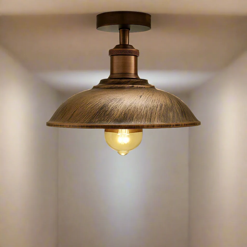 Black vintage semi flush mount light with metal bowl shade and ceiling rose