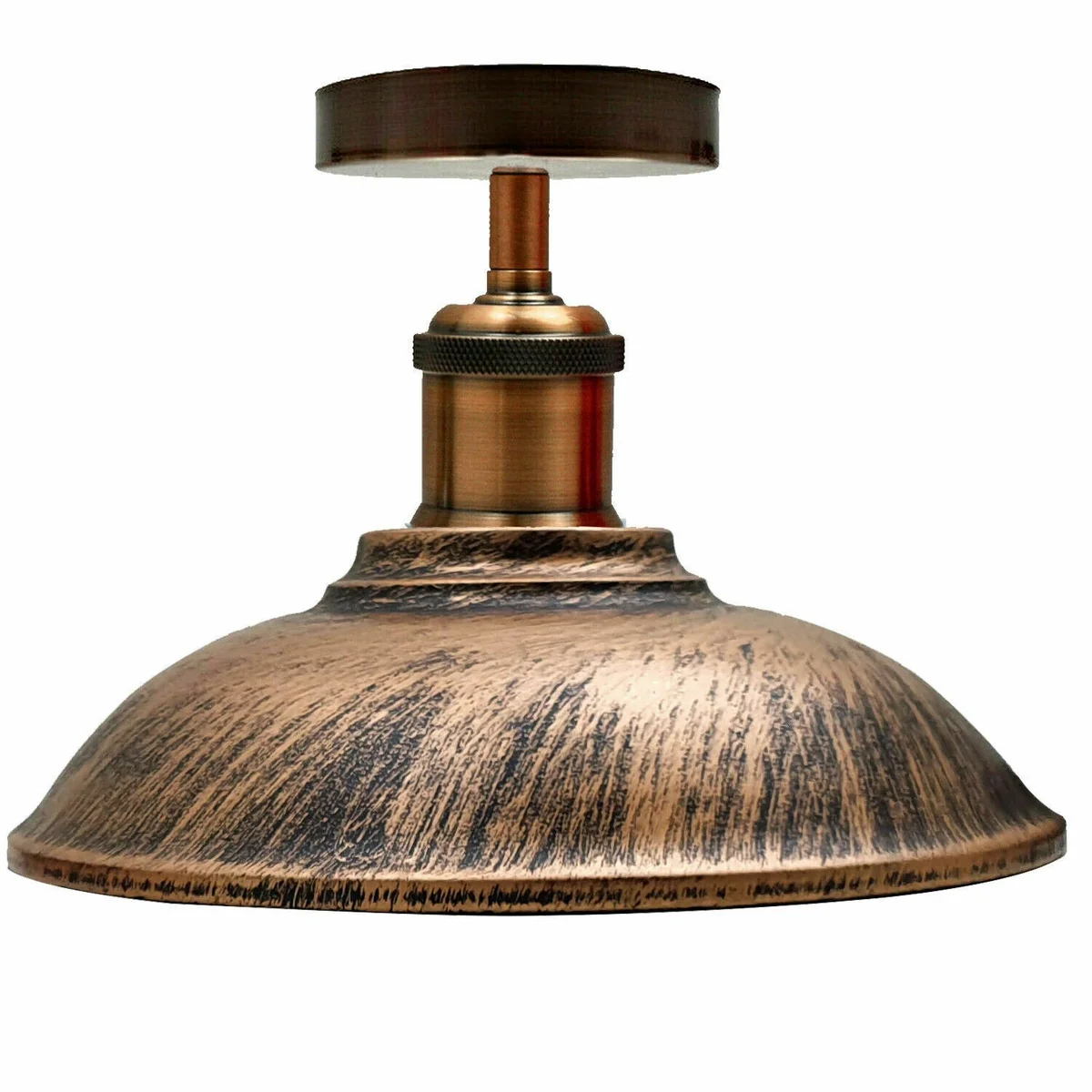 Rust resistant ceiling light with vintage metal bowl shade in black, includes a small rose for an industrial look.
