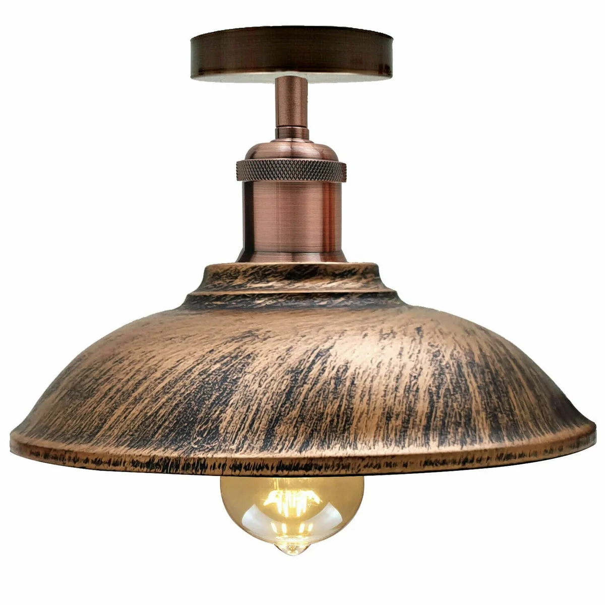 Vintage semi flush ceiling light in black with metal bowl shade and ceiling rose.