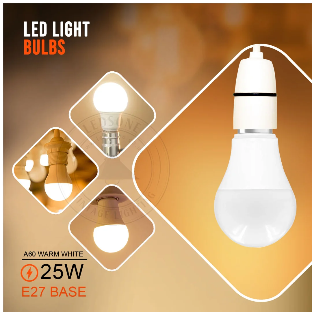 25W LED golf ball bulb with frosted plastic case and warm white light, suitable for table and bedside lamps
