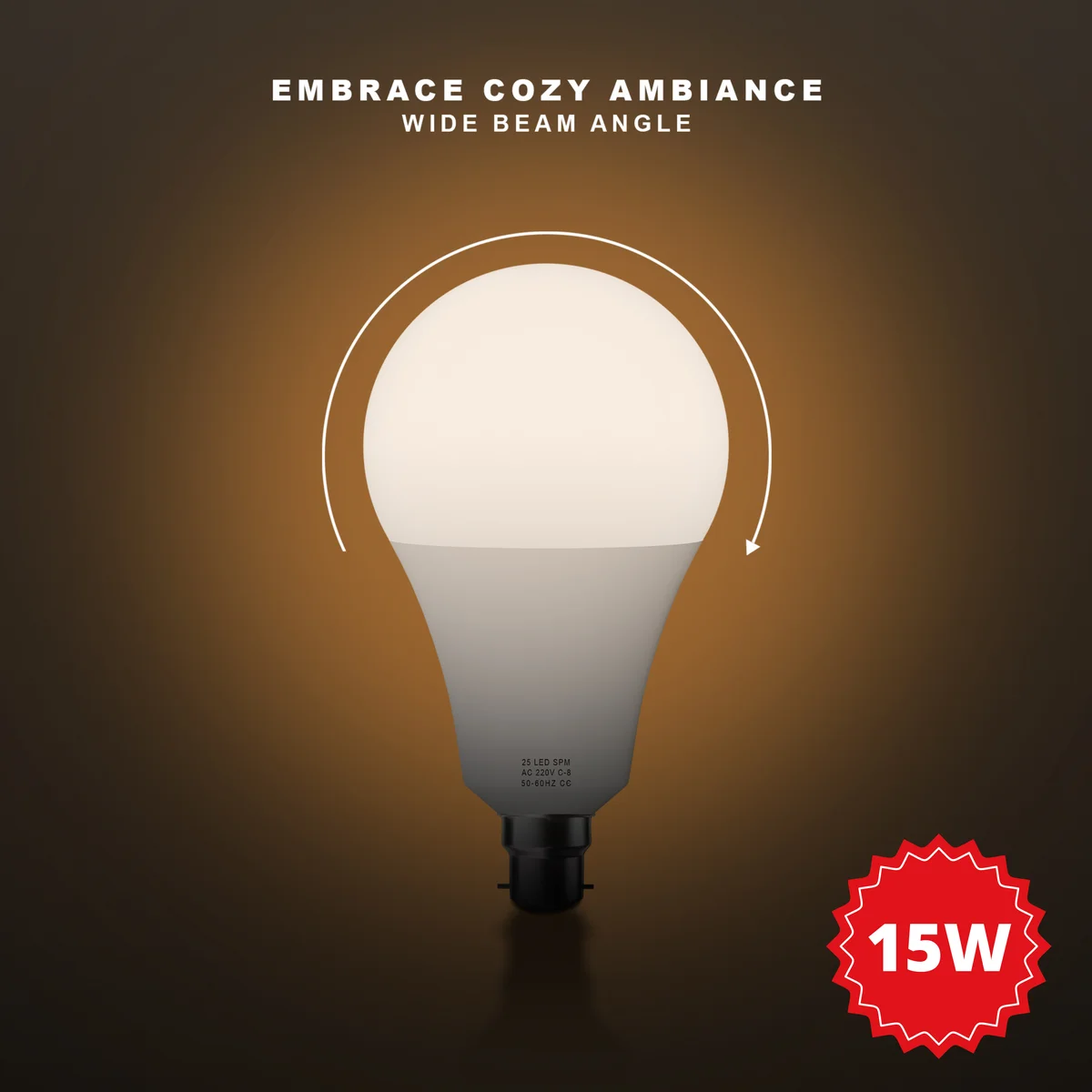 Stylish 15W LED bulb with E27 screw fitting, clean industrial design, warm 2700K glow