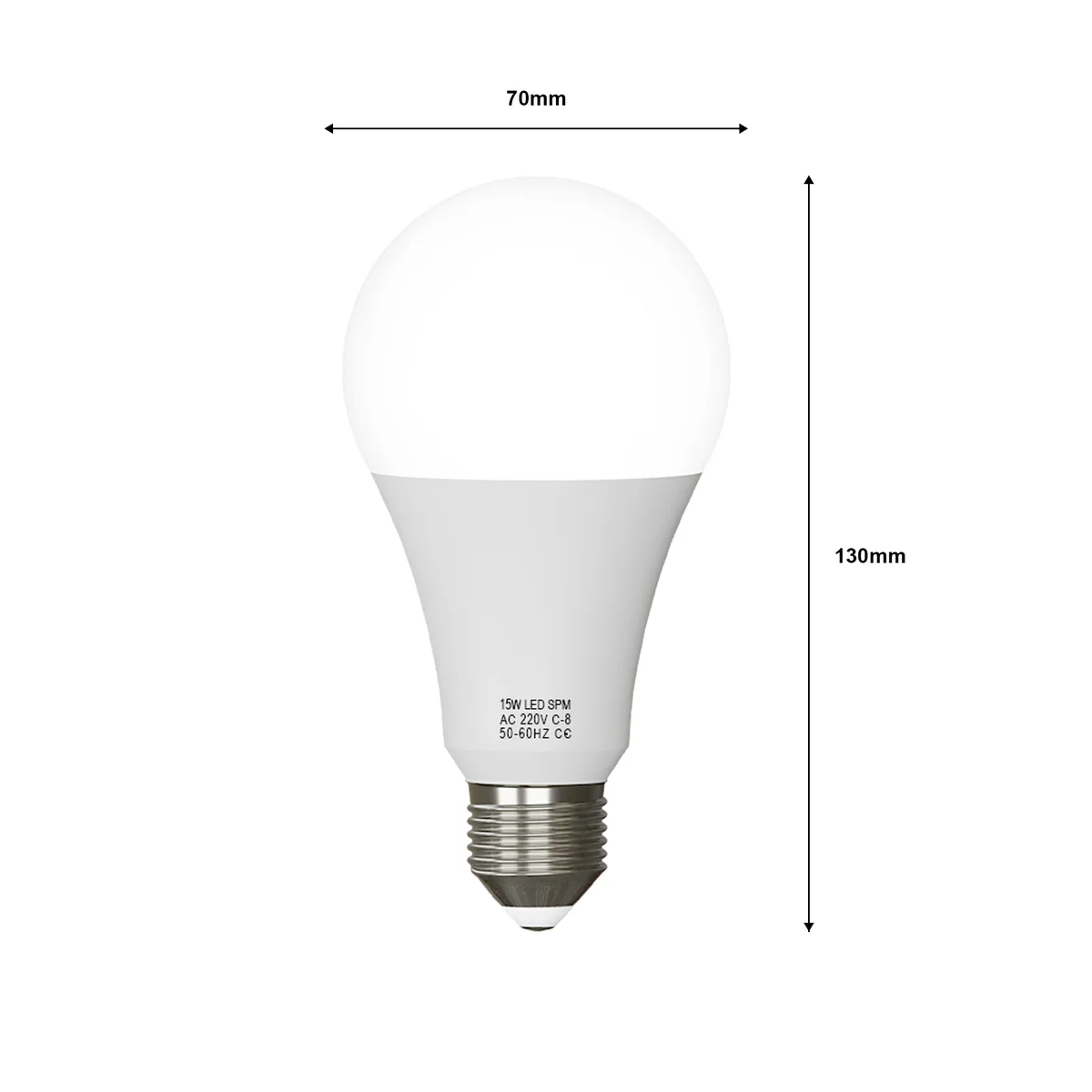 White LED bulb, E27 screw, 15W power, labelled 100W equivalent LED, emitting warm white light.