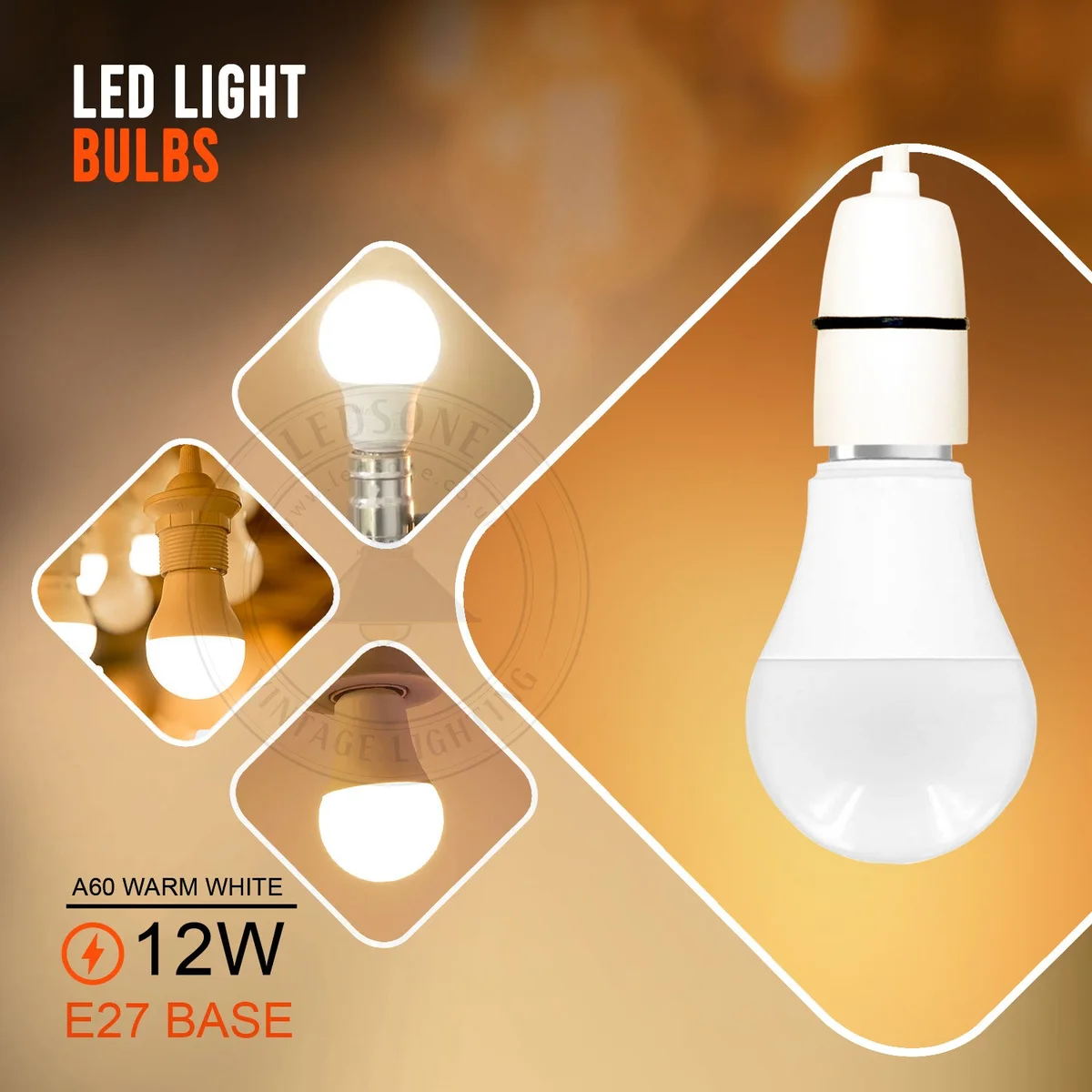 E27 LED globe bulb in warm white, 12W LED, classic globe shape, 360° light spread.