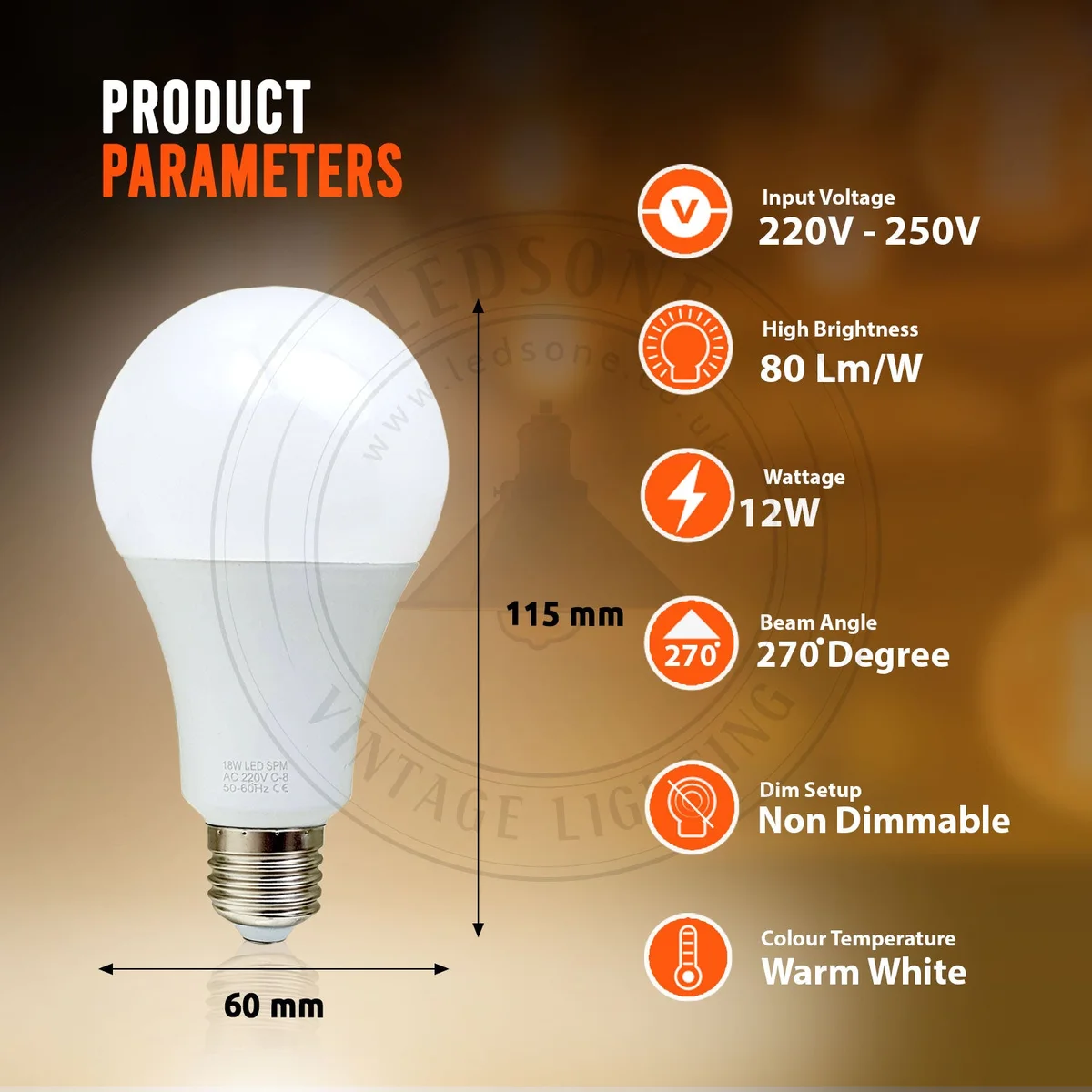 White globe-shaped 12W LED bulb with E27 screw base, warm white light, 360° beam, CE and RoHS certified.