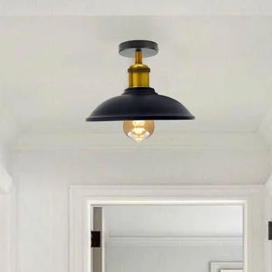 Vintage metal ceiling light with black brushed metal bowl shade, flush mount, E27 base, retro industrial design
