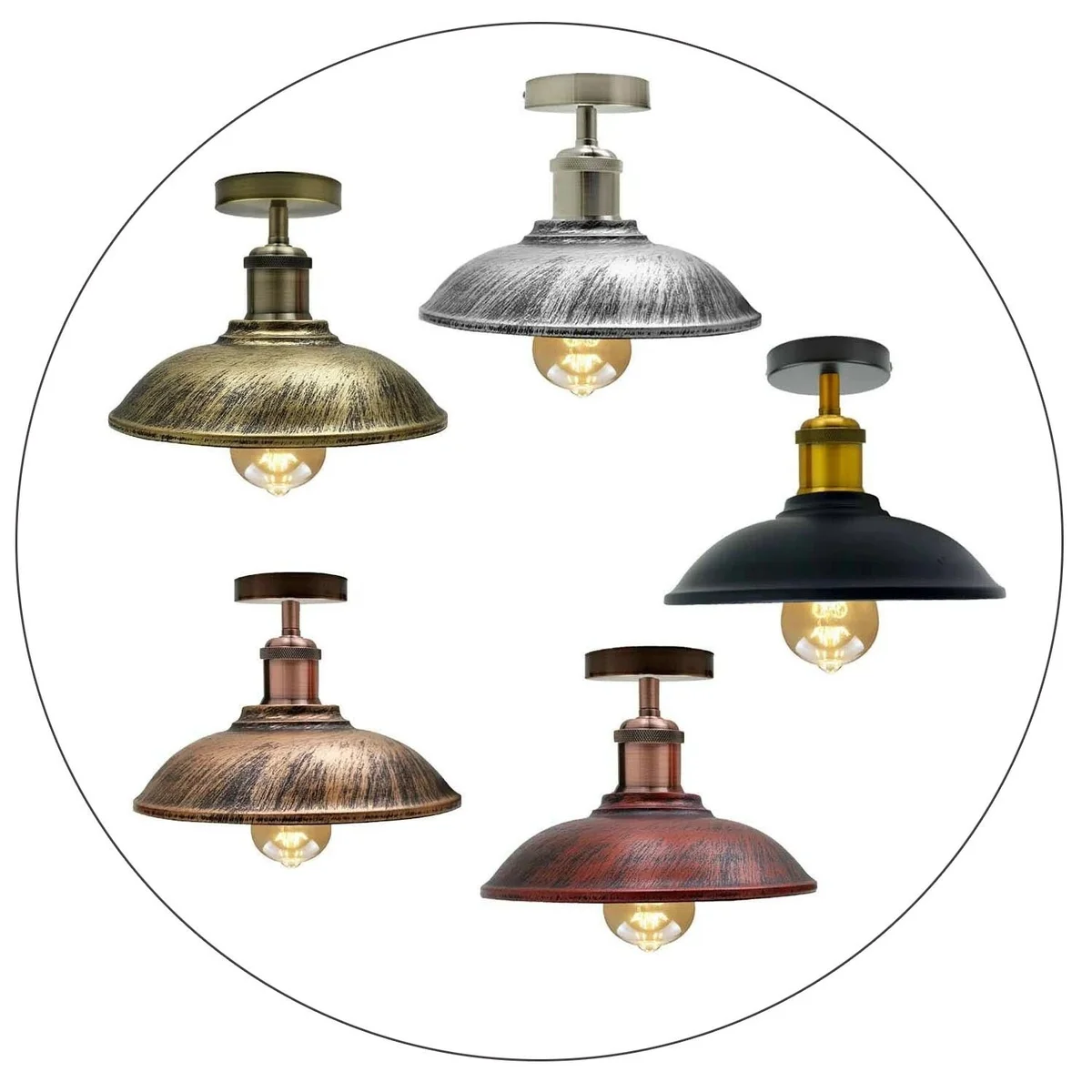 Black vintage industrial metal bowl E27 bulb ceiling light with brushed finish and rose base.