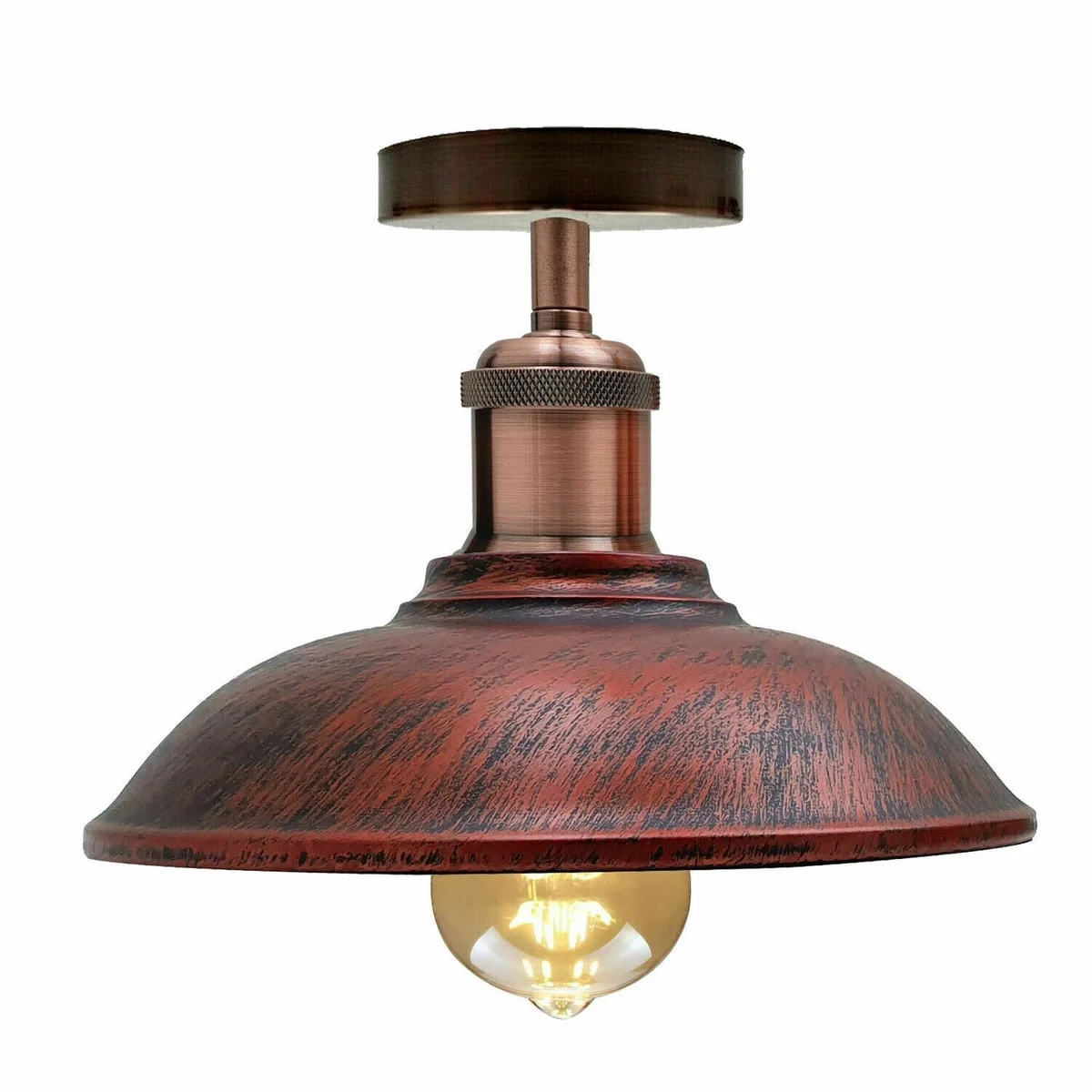 Vintage metal ceiling light with brushed copper bowl shade, black rose, flush mount design, E27 socket.