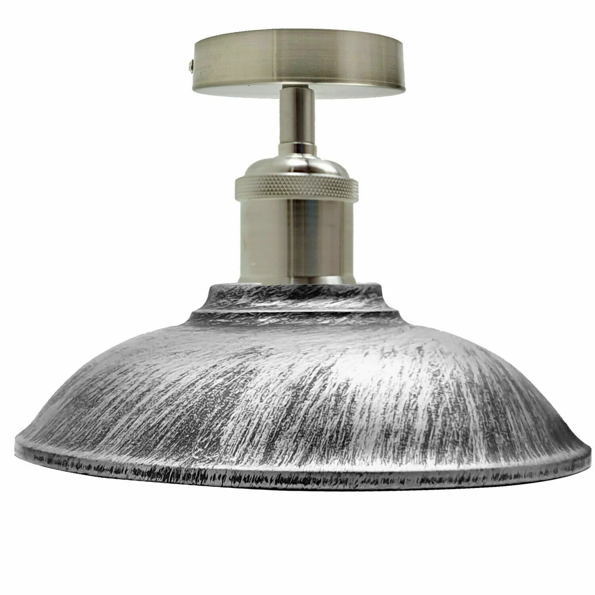 Vintage metal ceiling light with metal bowl shade and ceiling rose, semi flush mount, black brushed silver finish
